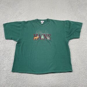 VTG Maine Embroidered T-Shirt Mens XL Green Moose Fish Made In USA